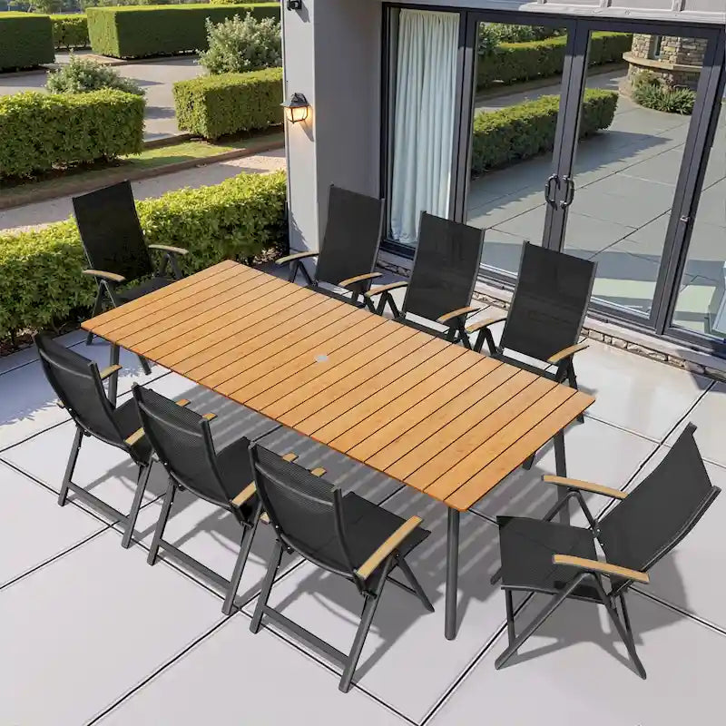 Table de salle à manger rectangulaire d'extérieur en aluminium de 7/9 pièces avec trou pour parasol et chaises pliantes incluses