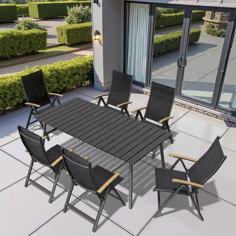 Table de salle à manger rectangulaire d'extérieur en aluminium de 7/9 pièces avec trou pour parasol et chaises pliantes incluses
