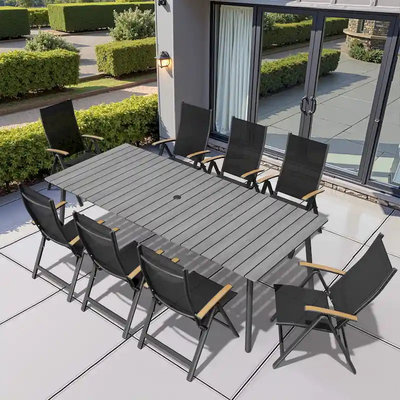 Table de salle à manger rectangulaire d'extérieur en aluminium de 7/9 pièces avec trou pour parasol et chaises pliantes incluses