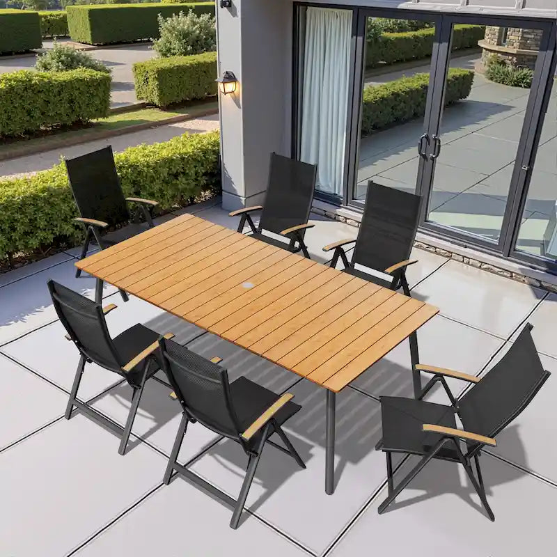 Table de salle à manger rectangulaire d'extérieur en aluminium de 7/9 pièces avec trou pour parasol et chaises pliantes incluses