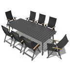 Table de salle à manger rectangulaire d'extérieur en aluminium de 7/9 pièces avec trou pour parasol et chaises pliantes incluses