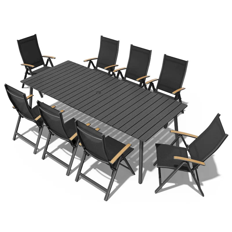 Table de salle à manger rectangulaire d'extérieur en aluminium de 7/9 pièces avec trou pour parasol et chaises pliantes incluses