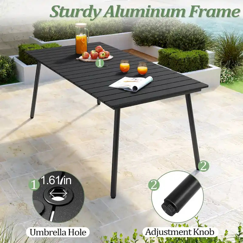 Table de salle à manger rectangulaire d'extérieur en aluminium de 7/9 pièces avec trou pour parasol et chaises pliantes incluses