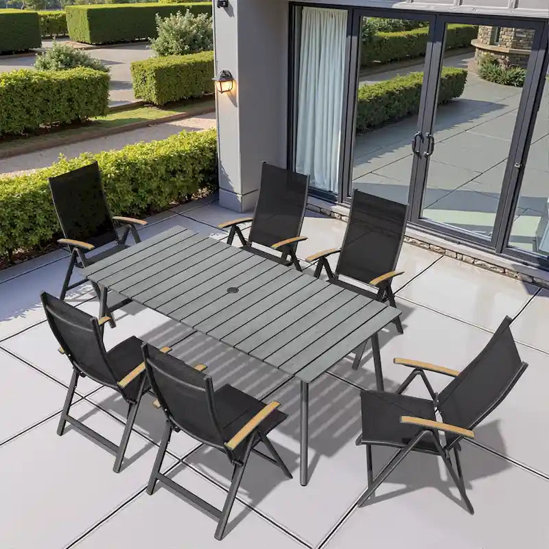 Table de salle à manger rectangulaire d'extérieur en aluminium de 7/9 pièces avec trou pour parasol et chaises pliantes incluses