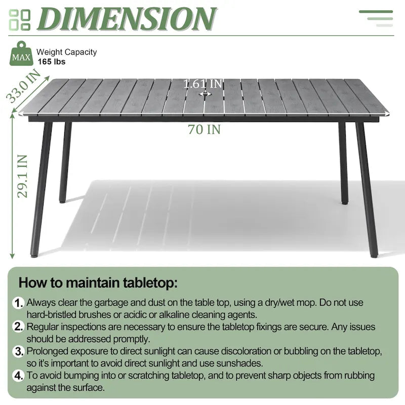 Table de salle à manger rectangulaire d'extérieur en aluminium de 7/9 pièces avec trou pour parasol et chaises pliantes incluses