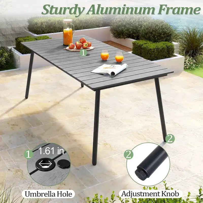 Table de salle à manger rectangulaire d'extérieur en aluminium de 7/9 pièces avec trou pour parasol et chaises pliantes incluses