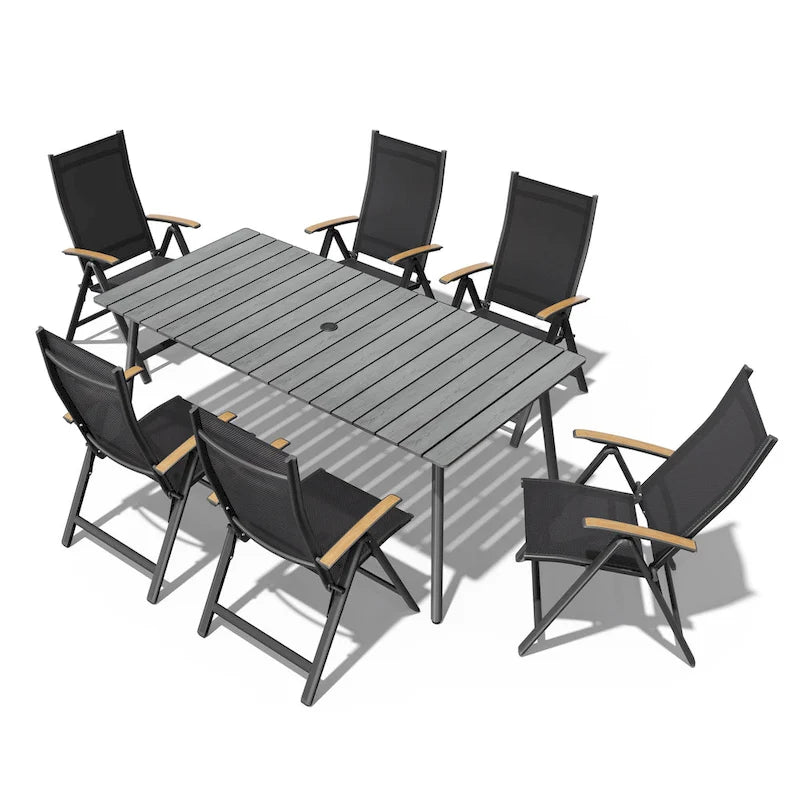 Table de salle à manger rectangulaire d'extérieur en aluminium de 7/9 pièces avec trou pour parasol et chaises pliantes incluses