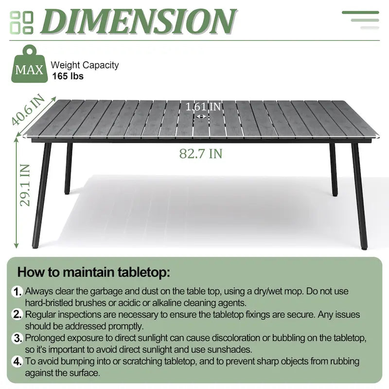 Table de salle à manger rectangulaire d'extérieur en aluminium de 7/9 pièces avec trou pour parasol et chaises pliantes incluses