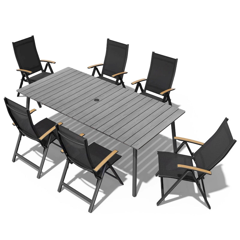 Table de salle à manger rectangulaire d'extérieur en aluminium de 7/9 pièces avec trou pour parasol et chaises pliantes incluses