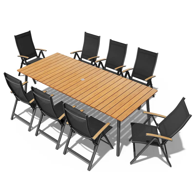 Table de salle à manger rectangulaire d'extérieur en aluminium de 7/9 pièces avec trou pour parasol et chaises pliantes incluses
