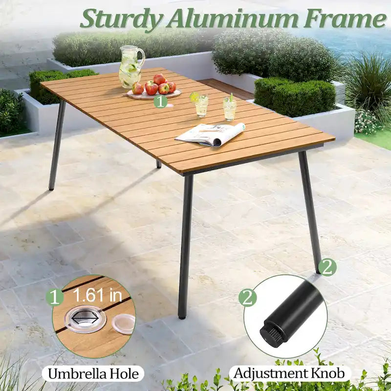 Table de salle à manger rectangulaire d'extérieur en aluminium de 7/9 pièces avec trou pour parasol et chaises pliantes incluses