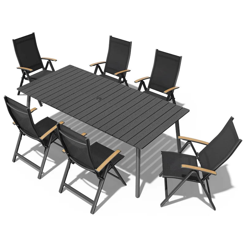 Table de salle à manger rectangulaire d'extérieur en aluminium de 7/9 pièces avec trou pour parasol et chaises pliantes incluses