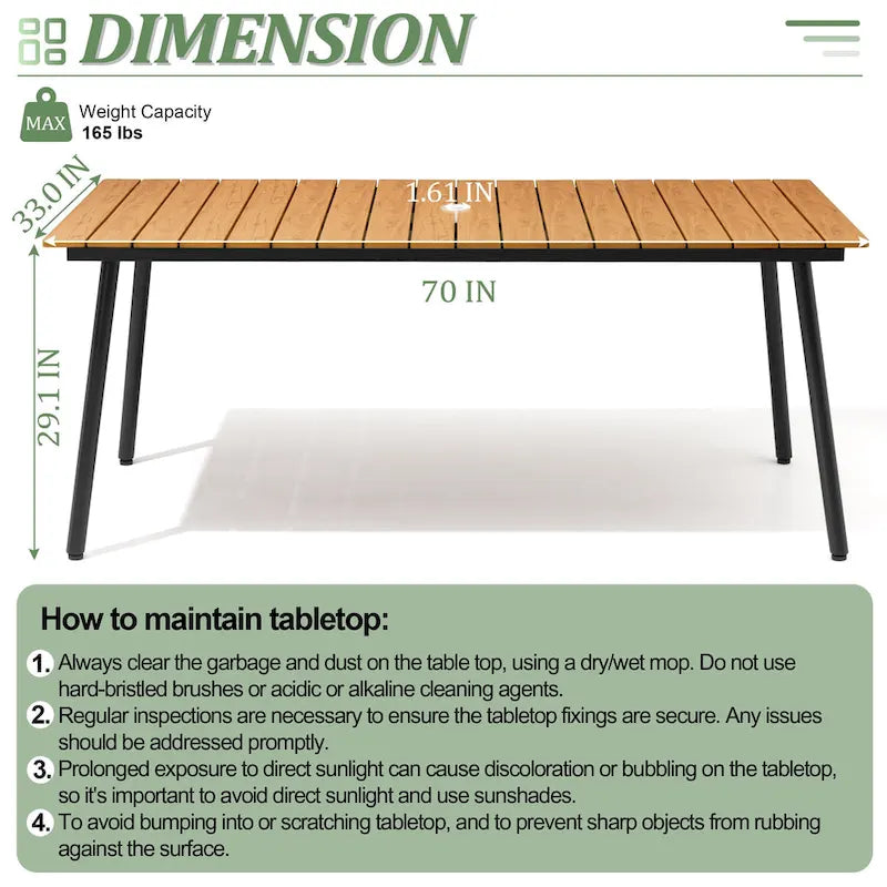 Table de salle à manger rectangulaire d'extérieur en aluminium de 7/9 pièces avec trou pour parasol et chaises pliantes incluses