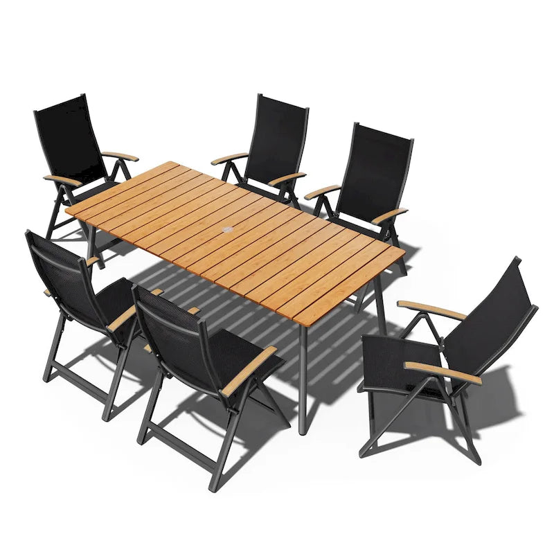 Table de salle à manger rectangulaire d'extérieur en aluminium de 7/9 pièces avec trou pour parasol et chaises pliantes incluses