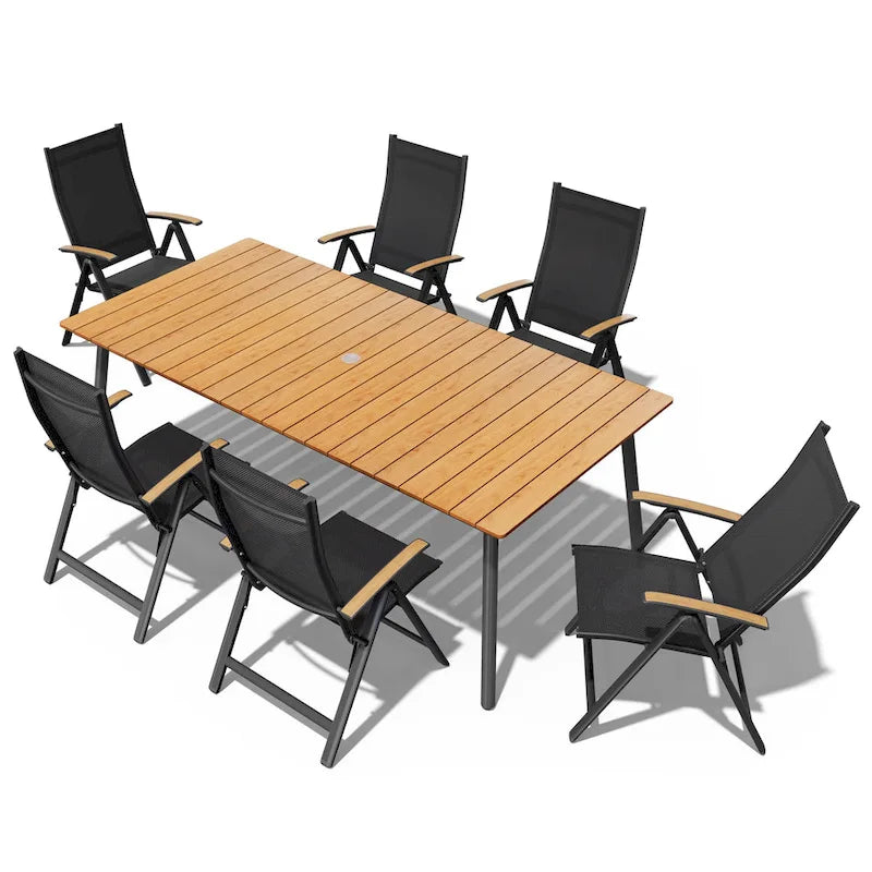 Table de salle à manger rectangulaire d'extérieur en aluminium de 7/9 pièces avec trou pour parasol et chaises pliantes incluses