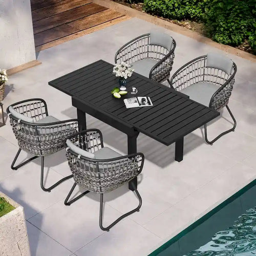 5PC Outdoor Extendable Patio Dining Table with Rattan Chairs