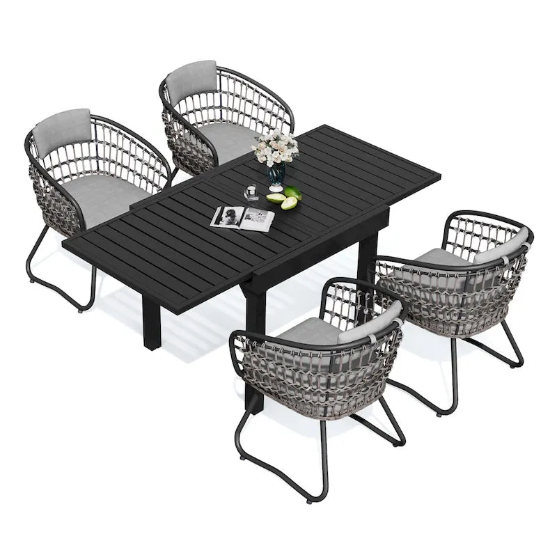 Table à manger de patio extensible 5 pièces avec chaises en rotin