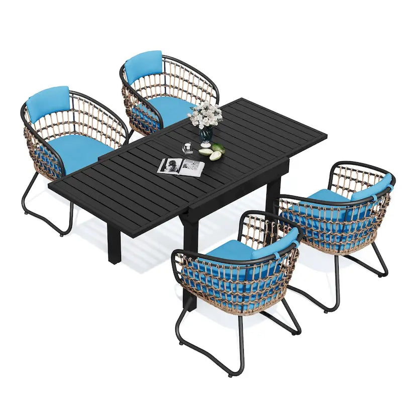 Table à manger de patio extensible 5 pièces avec chaises en rotin
