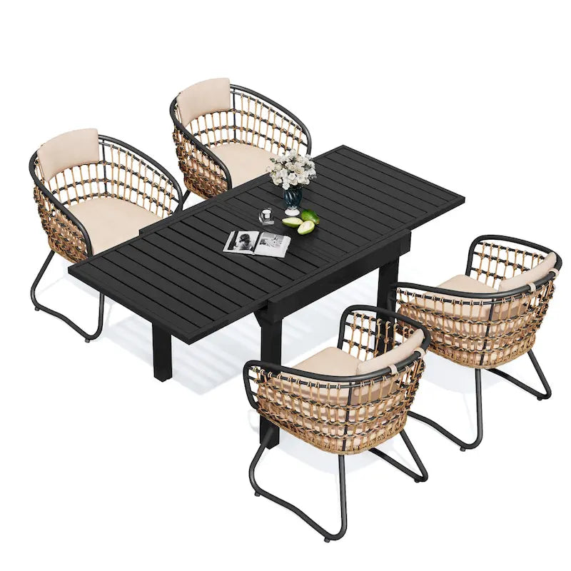 Table à manger de patio extensible 5 pièces avec chaises en rotin