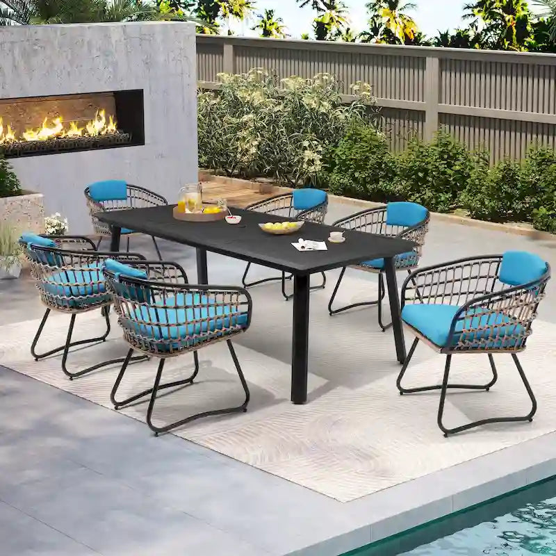 Table de salle à manger d'extérieur 7 pièces en aluminium avec trou pour parasol et chaises en rotin