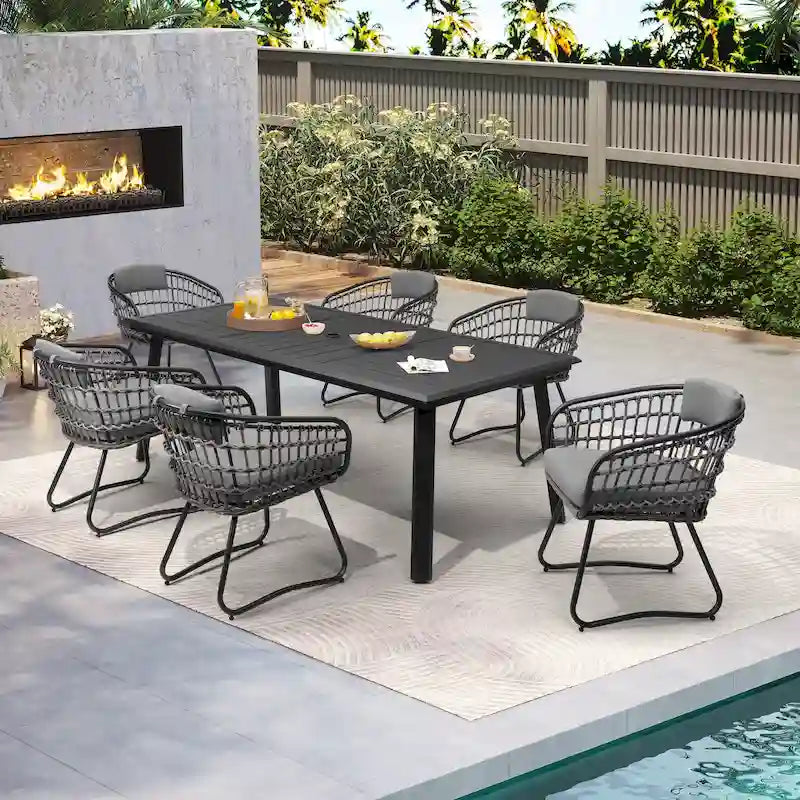 Table de salle à manger d'extérieur 7 pièces en aluminium avec trou pour parasol et chaises en rotin