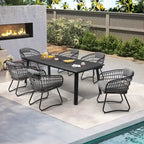 Table de salle à manger d'extérieur 7 pièces en aluminium avec trou pour parasol et chaises en rotin