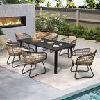 Table de salle à manger d'extérieur 7 pièces en aluminium avec trou pour parasol et chaises en rotin
