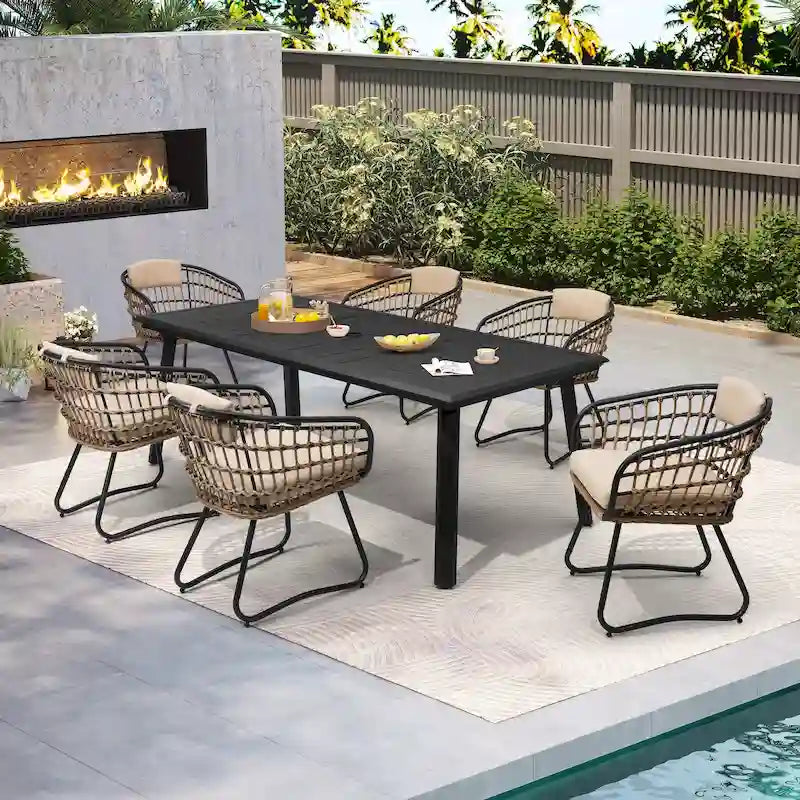 Table de salle à manger d'extérieur 7 pièces en aluminium avec trou pour parasol et chaises en rotin