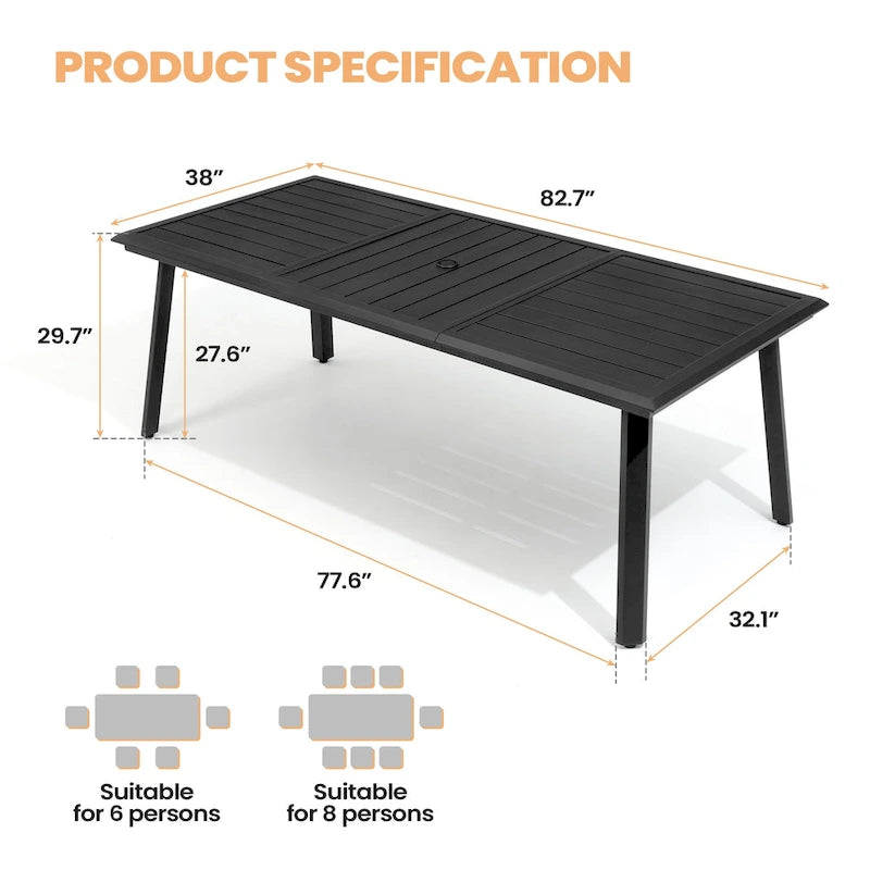 Table de salle à manger d'extérieur 7 pièces en aluminium avec trou pour parasol et chaises en rotin
