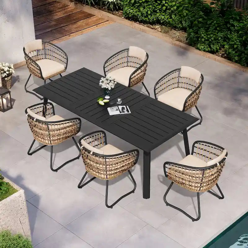Table de salle à manger d'extérieur 7 pièces en aluminium avec trou pour parasol et chaises en rotin