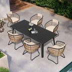 Table de salle à manger d'extérieur 7 pièces en aluminium avec trou pour parasol et chaises en rotin