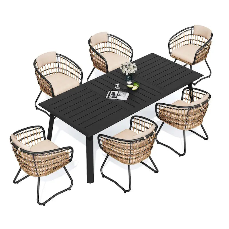 Table de salle à manger d'extérieur 7 pièces en aluminium avec trou pour parasol et chaises en rotin