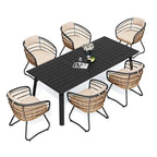 Table de salle à manger d'extérieur 7 pièces en aluminium avec trou pour parasol et chaises en rotin