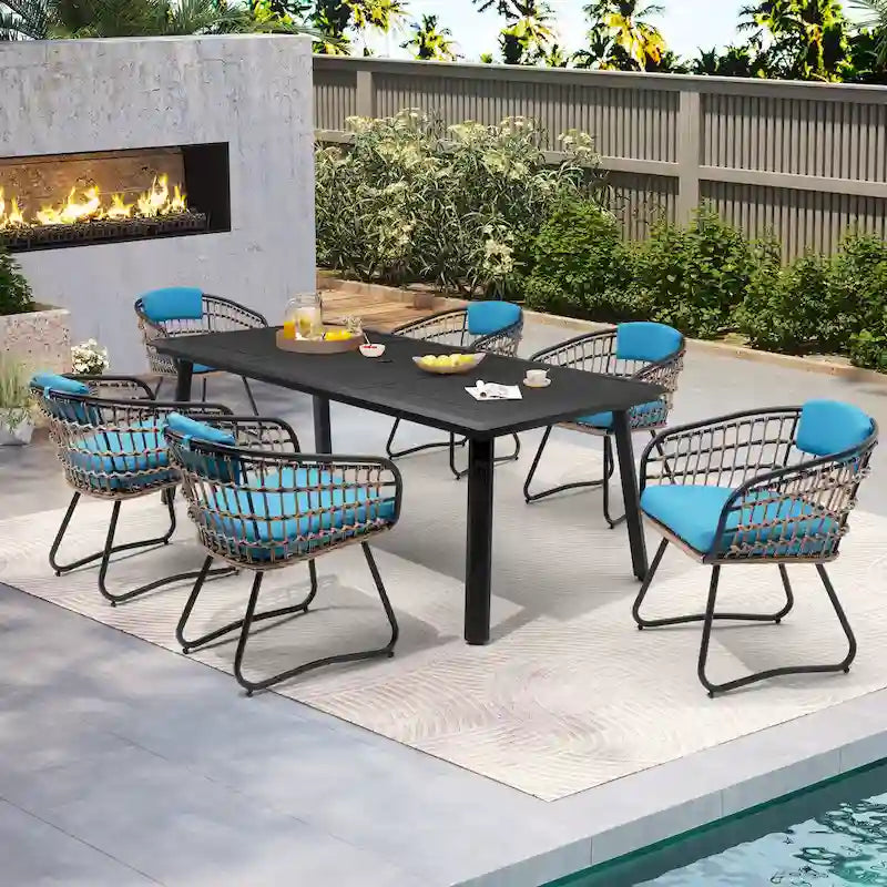 Table de salle à manger d'extérieur 7 pièces en aluminium avec trou pour parasol et chaises en rotin