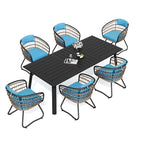 Table de salle à manger d'extérieur 7 pièces en aluminium avec trou pour parasol et chaises en rotin