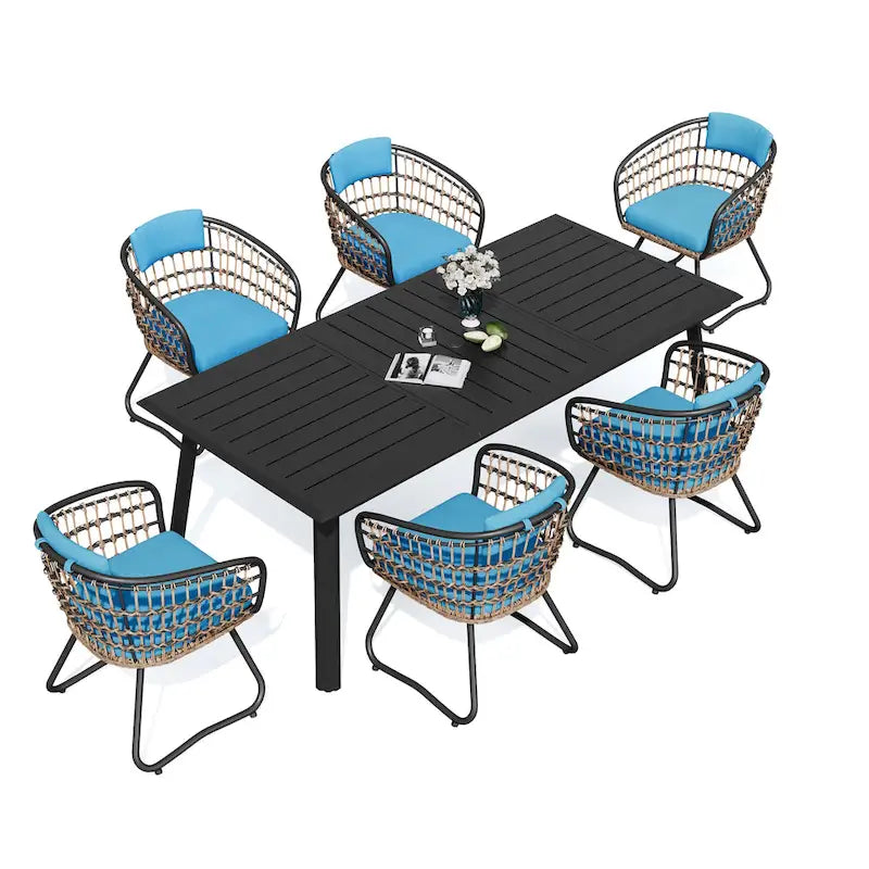 Table de salle à manger d'extérieur 7 pièces en aluminium avec trou pour parasol et chaises en rotin