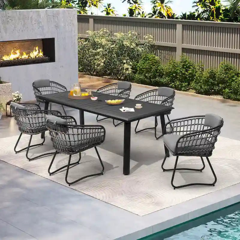 Table de salle à manger d'extérieur 7 pièces en aluminium avec trou pour parasol et chaises en rotin