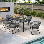 Table de salle à manger d'extérieur 7 pièces en aluminium avec trou pour parasol et chaises en rotin