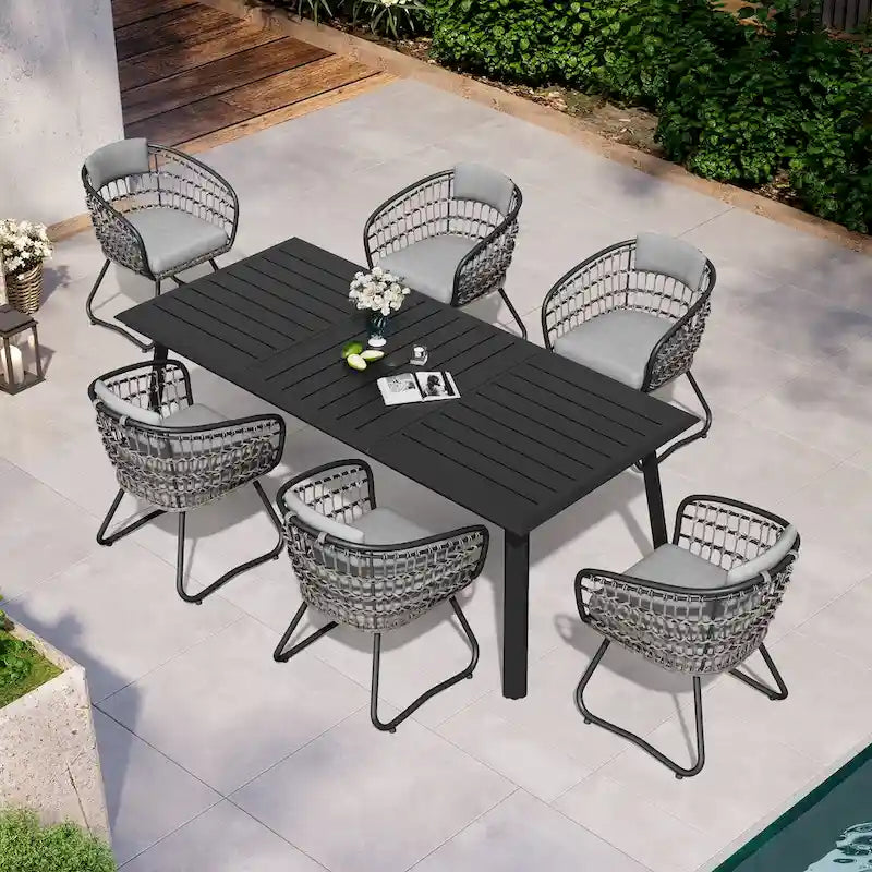 Table de salle à manger d'extérieur 7 pièces en aluminium avec trou pour parasol et chaises en rotin