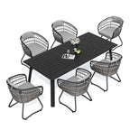 Table de salle à manger d'extérieur 7 pièces en aluminium avec trou pour parasol et chaises en rotin