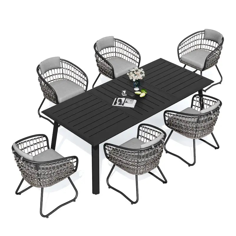 Table de salle à manger d'extérieur 7 pièces en aluminium avec trou pour parasol et chaises en rotin