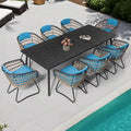 Ensemble de salle à manger d'extérieur 9 pièces avec table rectangulaire en aluminium, trou pour parasol et chaises en rotin