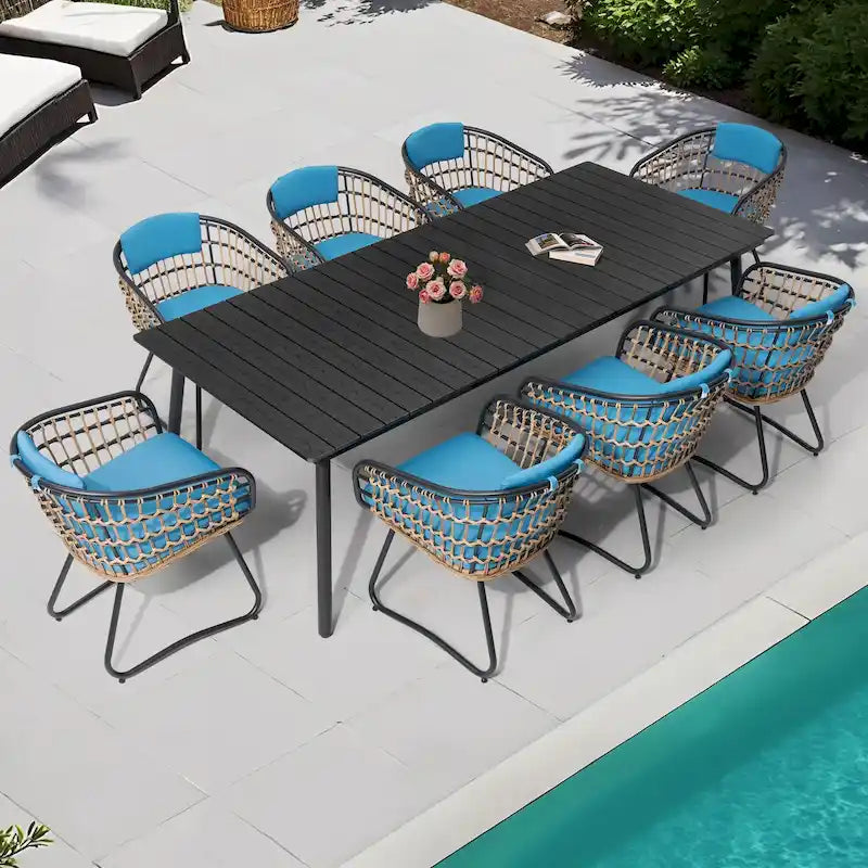 Ensemble de salle à manger d'extérieur 9 pièces avec table rectangulaire en aluminium, trou pour parasol et chaises en rotin
