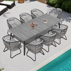 Ensemble de salle à manger d'extérieur 9 pièces avec table rectangulaire en aluminium, trou pour parasol et chaises en rotin