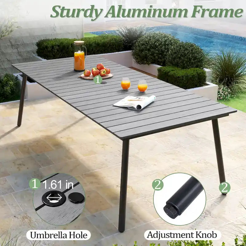 Ensemble de salle à manger d'extérieur 9 pièces avec table rectangulaire en aluminium, trou pour parasol et chaises en rotin