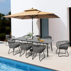Ensemble de salle à manger d'extérieur 9 pièces avec table rectangulaire en aluminium, trou pour parasol et chaises en rotin