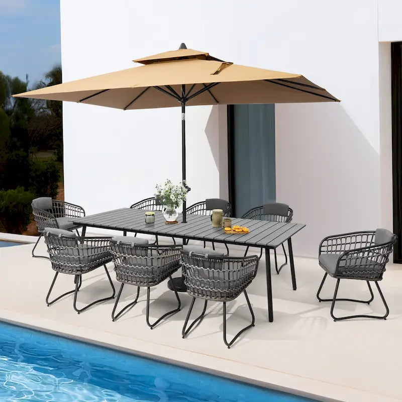 Ensemble de salle à manger d'extérieur 9 pièces avec table rectangulaire en aluminium, trou pour parasol et chaises en rotin
