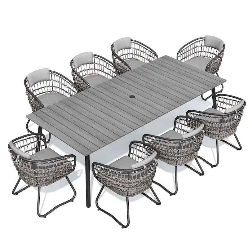 Ensemble de salle à manger d'extérieur 9 pièces avec table rectangulaire en aluminium, trou pour parasol et chaises en rotin