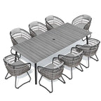 Ensemble de salle à manger d'extérieur 9 pièces avec table rectangulaire en aluminium, trou pour parasol et chaises en rotin