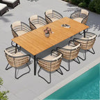 Ensemble de salle à manger d'extérieur 9 pièces avec table rectangulaire en aluminium, trou pour parasol et chaises en rotin